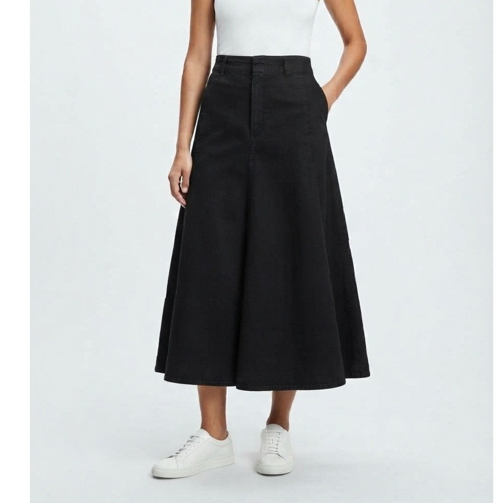 Uniqlo U Cotton Twill Flared Midi Skirt A-Line Minimalist High Waist Black Four